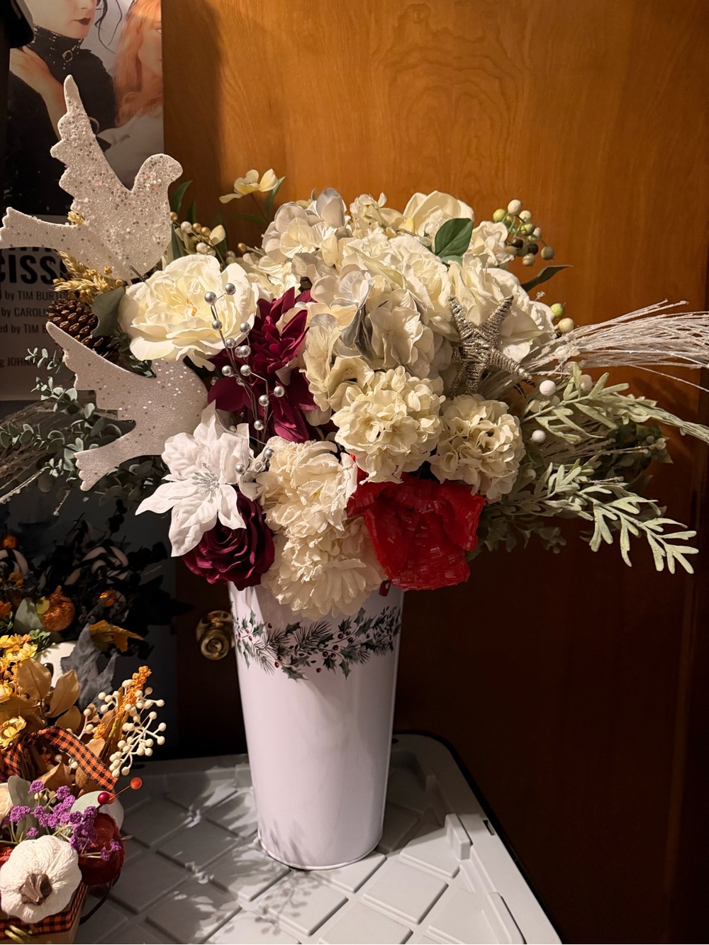 Hand Crafted Cream, Red & Burgundy Faux Floral Bouquet in Decorative Vase